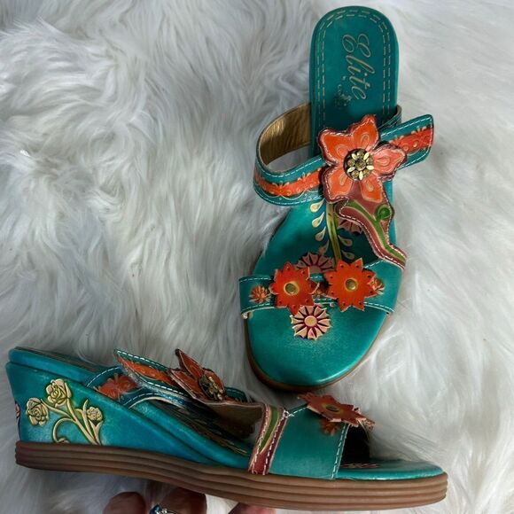 Corky's by Elite Hope Turquoise/Orange Floral Wedge Mules Sz 7 - Picture 1 of 6
